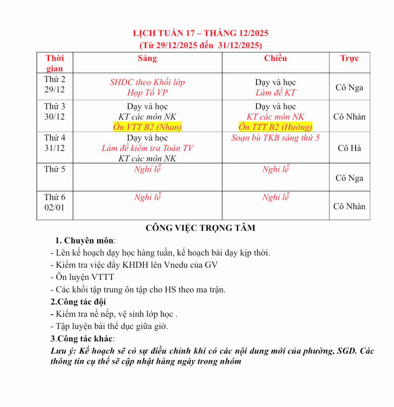 LỊCH TUẦN - BÁN TRÚ TUẦN 17 - THÁNG 12/2025.