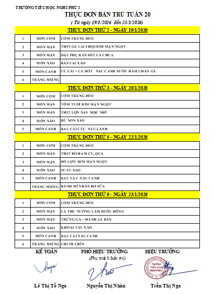 LỊCH TUẦN 20 - BÁN TRÚ TUẦN 20 THÁNG 01/2026.