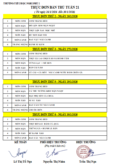 LỊCH TUẦN 21 - THỰC ĐƠN BÁN TRÚ TUẦN 21 THÁNG 01/2026