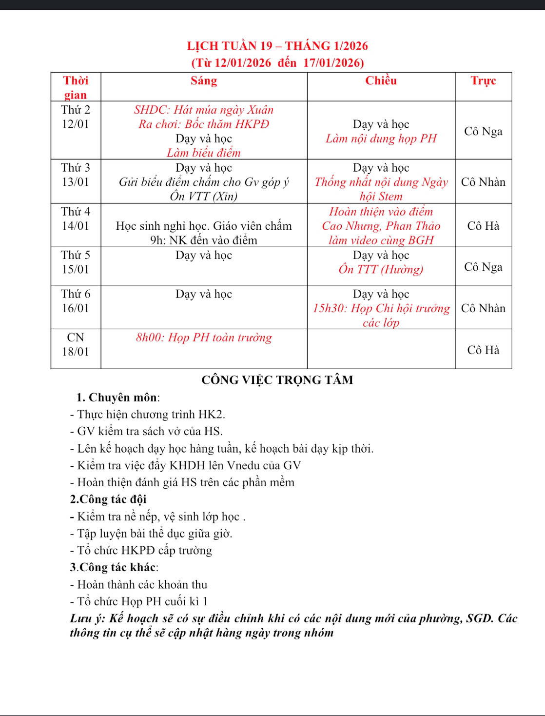 LỊCH TUẦN 19 - BÁN TRÚ TUẦN 19 THÁNG 01/2026.