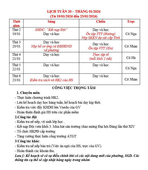 LỊCH TUẦN 20 - BÁN TRÚ TUẦN 20 THÁNG 01/2026.