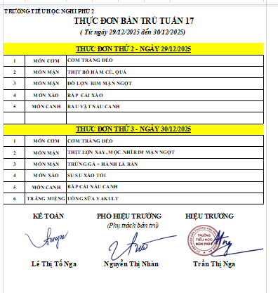 LỊCH TUẦN - BÁN TRÚ TUẦN 17 - THÁNG 12/2025.