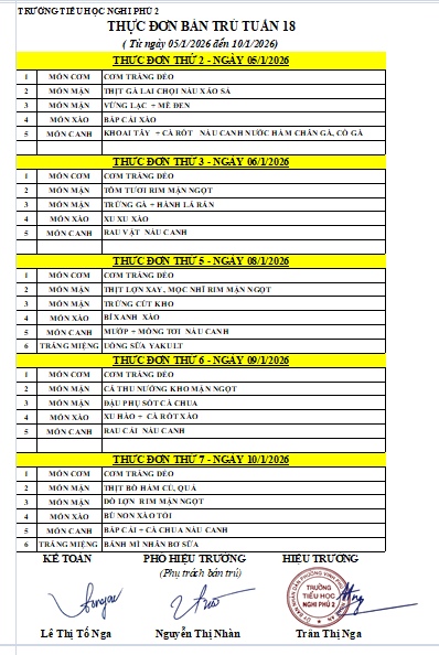 LỊCH TUẦN - BÁN TRÚ TUẦN 18 - THÁNG 1/2026.