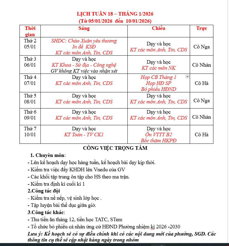 LỊCH TUẦN - BÁN TRÚ TUẦN 18 - THÁNG 1/2026.