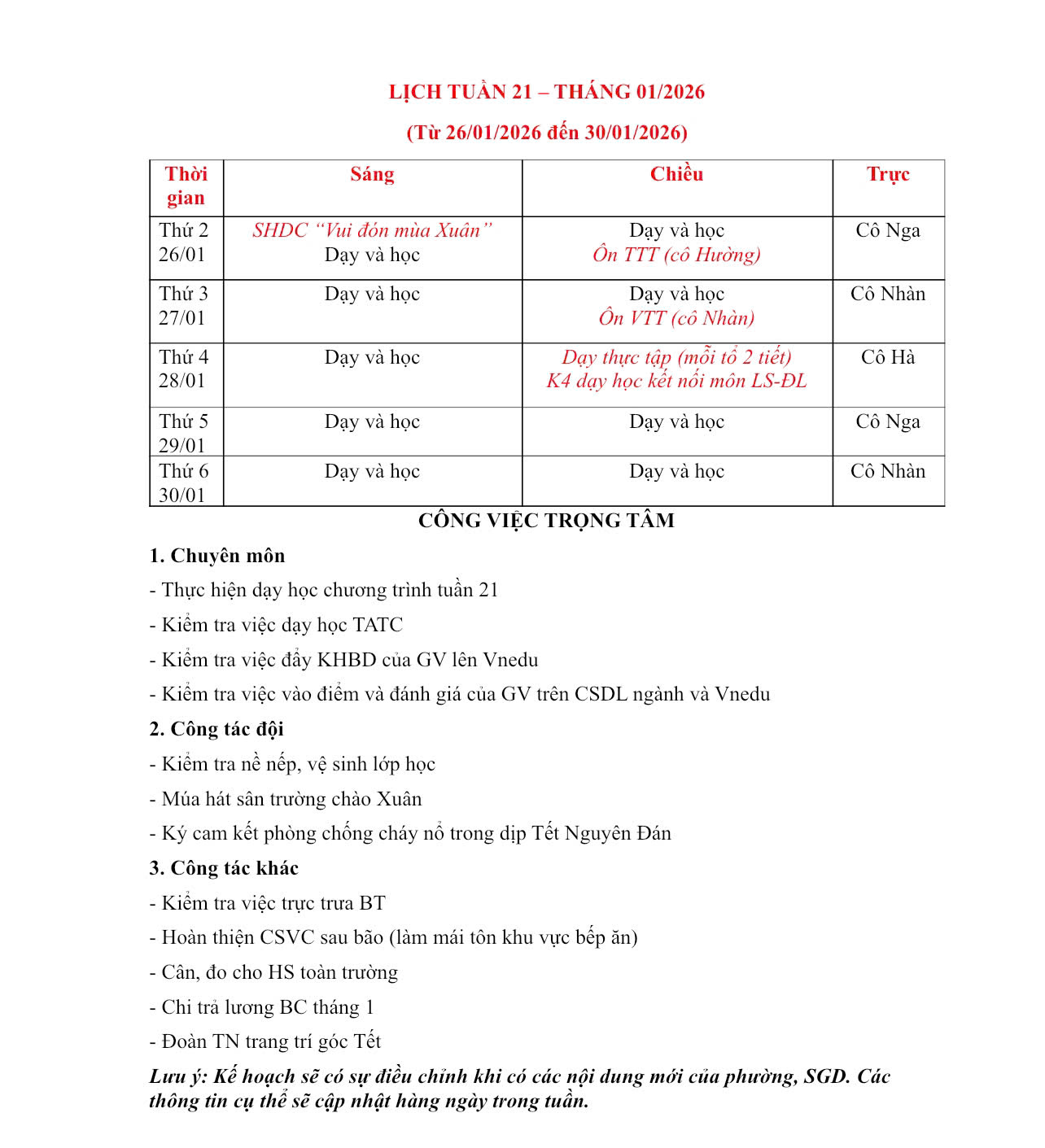 LỊCH TUẦN 21 - THỰC ĐƠN BÁN TRÚ TUẦN 21 THÁNG 01/2026