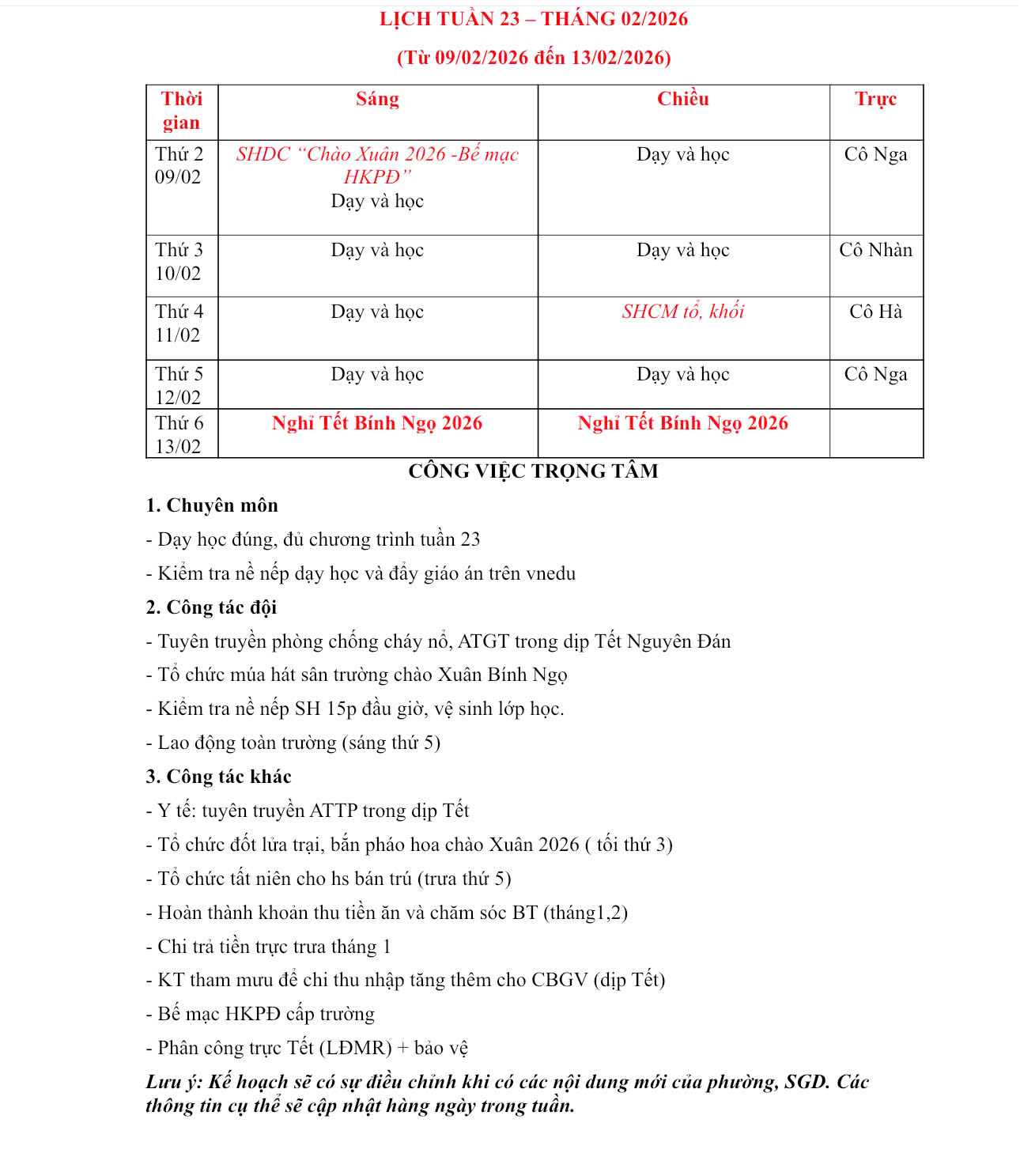 LỊCH TUẦN 23 - THỰC ĐƠN BÁN TRÚ TUẦN 23 THÁNG 02/2026.