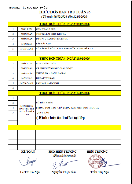 LỊCH TUẦN 23 - THỰC ĐƠN BÁN TRÚ TUẦN 23 THÁNG 02/2026.