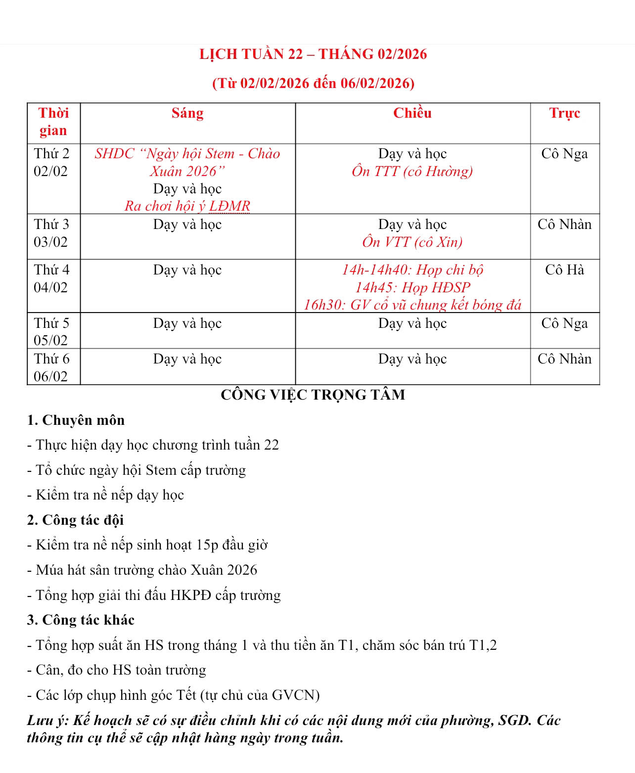 LỊCH TUẦN 22 - THỰC ĐƠN BÁN TRÚ TUẦN 22 (THÁNG 2/2026)
