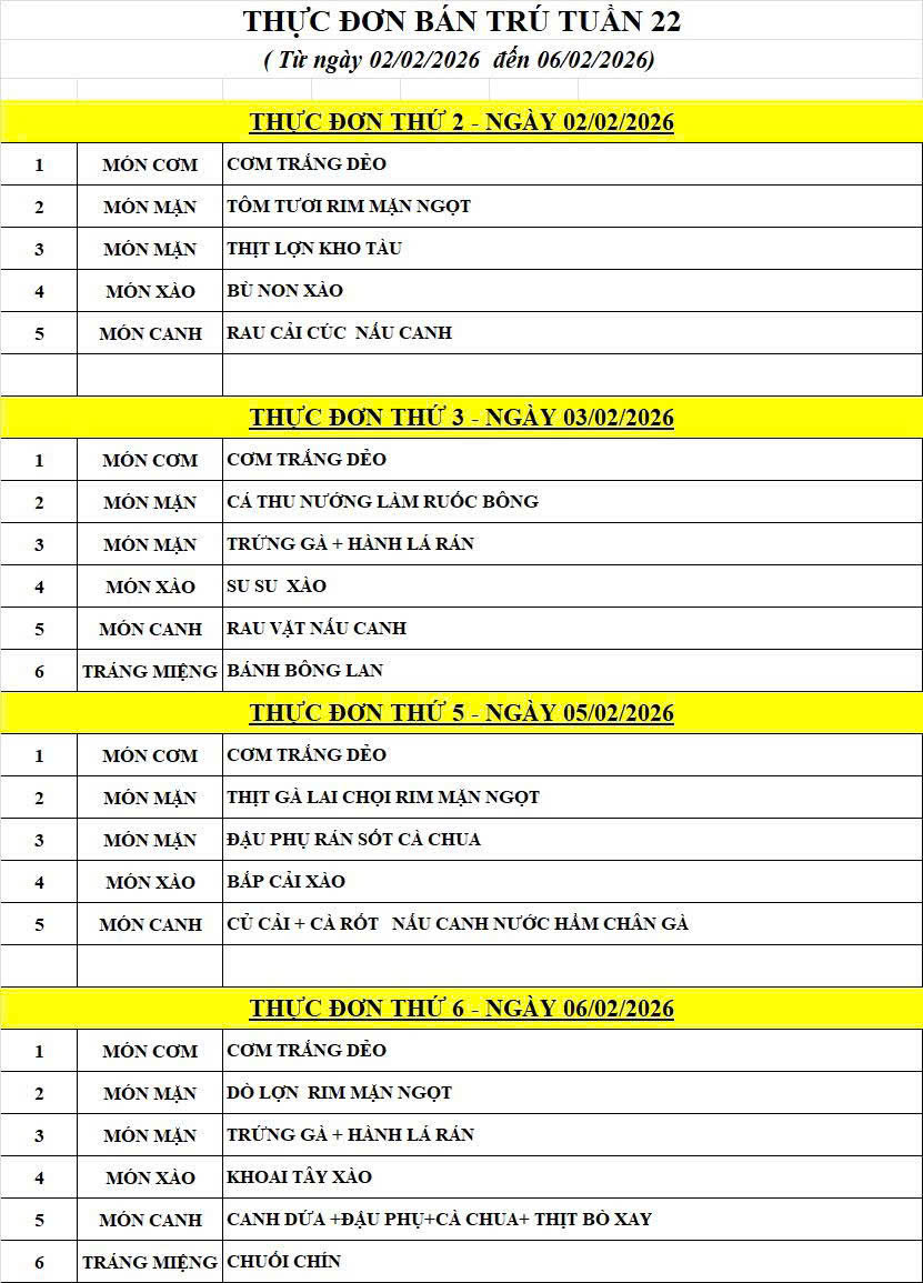 LỊCH TUẦN 22 - THỰC ĐƠN BÁN TRÚ TUẦN 22 (THÁNG 2/2026)