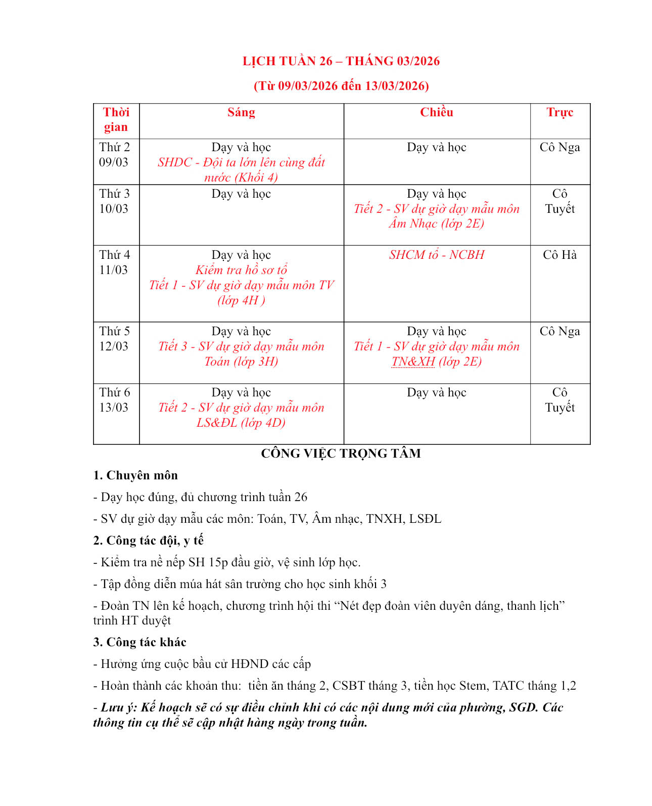 LỊCH TUẦN - THỰC ĐƠN BT TUẦN 26 (TỪ NGÀY 09/03/2026 ĐẾN 13/03/2026)