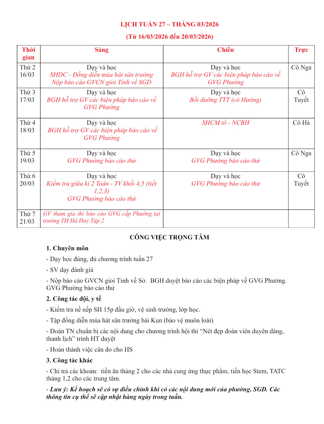 LỊCH TUẦN 27 - THỰC ĐƠN TUẦN 27 (16/03-20/03)