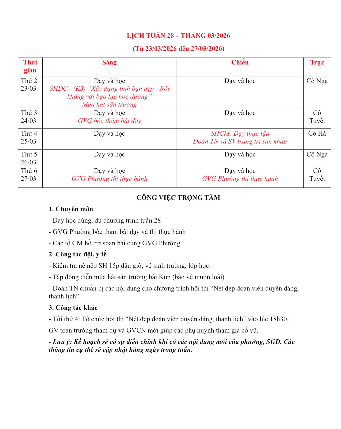 LỊCH TUẦN 28 - THỰC ĐƠN TUẦN 28