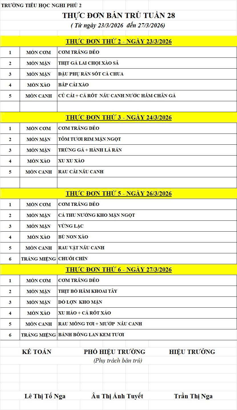 LỊCH TUẦN 28 - THỰC ĐƠN TUẦN 28