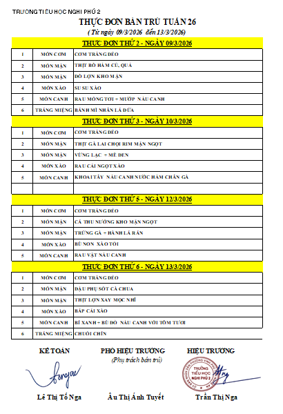 LỊCH TUẦN - THỰC ĐƠN BT TUẦN 26 (TỪ NGÀY 09/03/2026 ĐẾN 13/03/2026)