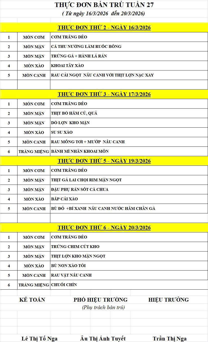 LỊCH TUẦN 27 - THỰC ĐƠN TUẦN 27 (16/03-20/03)