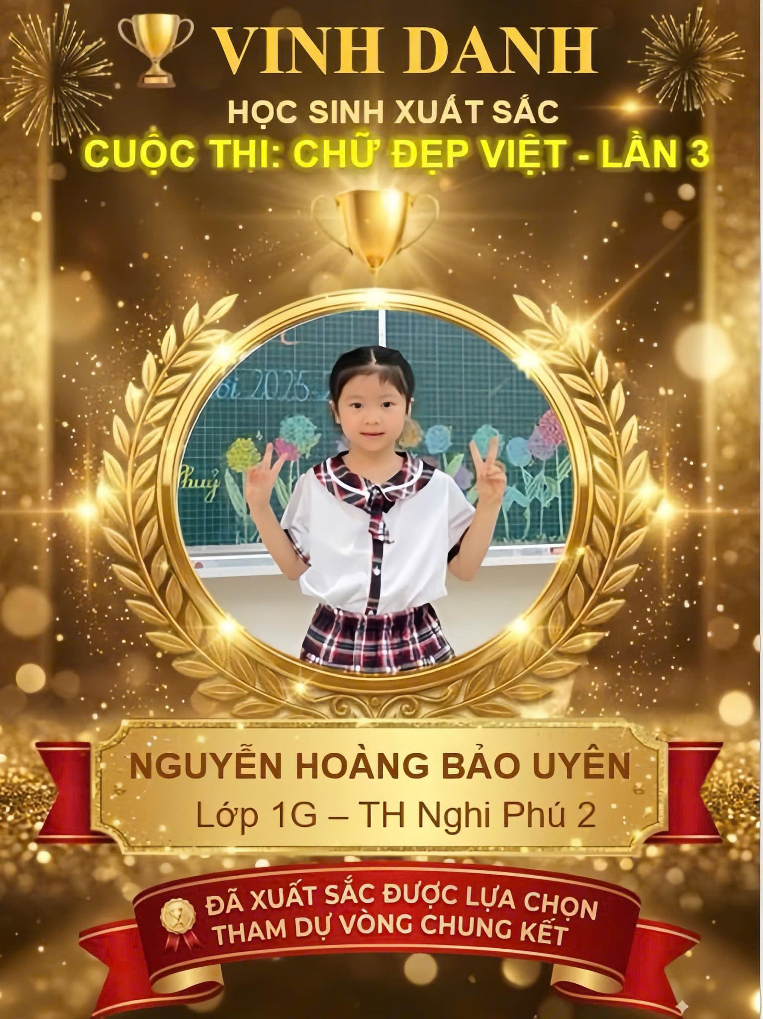 Chúc mừng đến em Nguyễn Hoàng Bảo Uyên – Học sinh lớp 1G, đã xuất sắc ghi tên mình vào Vòng Chung kết cuộc thi 
