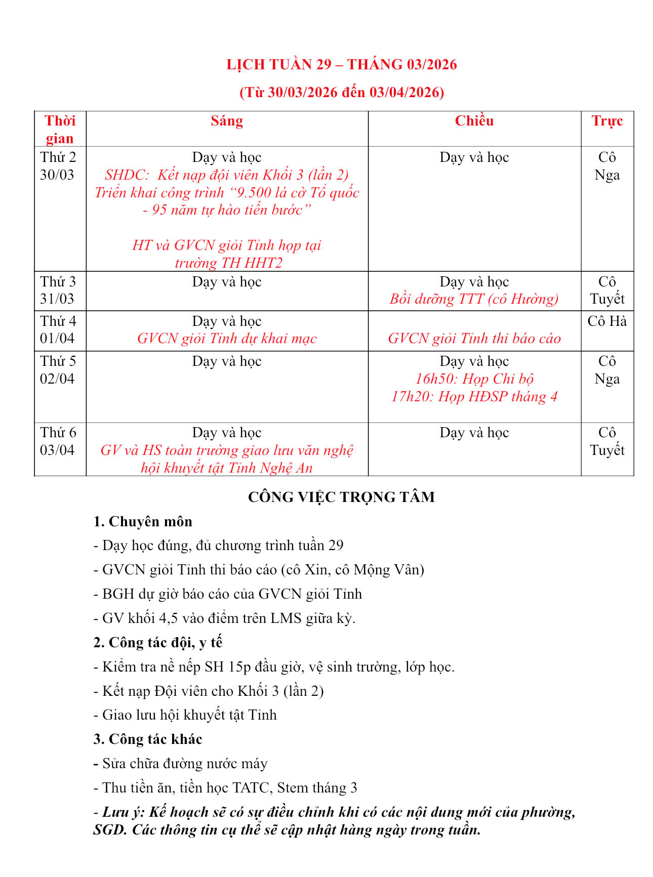 LỊCH TUẦN 29 - THỰC ĐƠN TUẦN 29 (30/03-03/04)