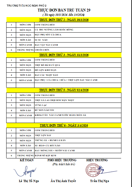LỊCH TUẦN 29 - THỰC ĐƠN TUẦN 29 (30/03-03/04)