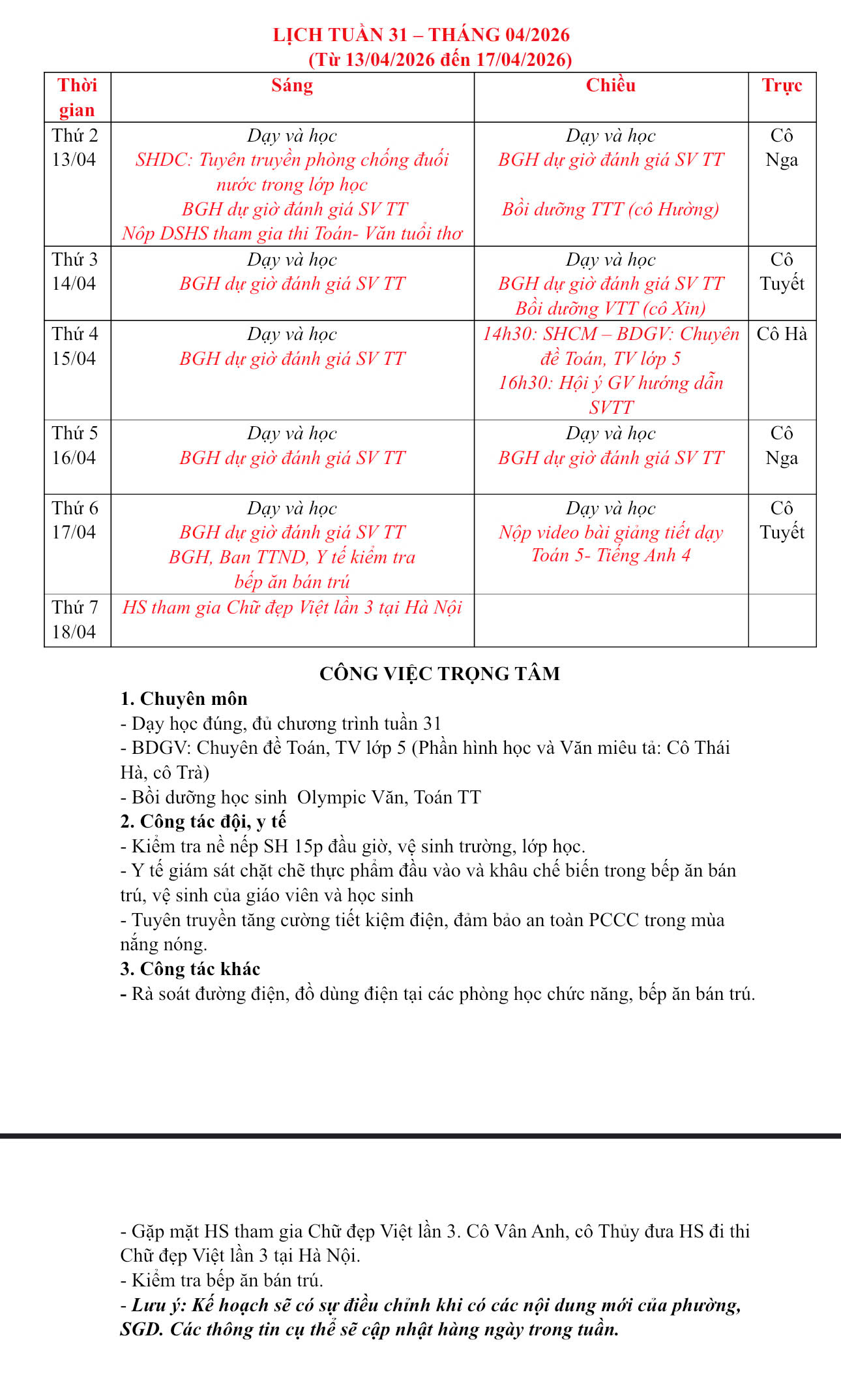 LỊCH TUẦN 31 - THỰC ĐƠN TUẦN 31 THÁNG 04/2026.