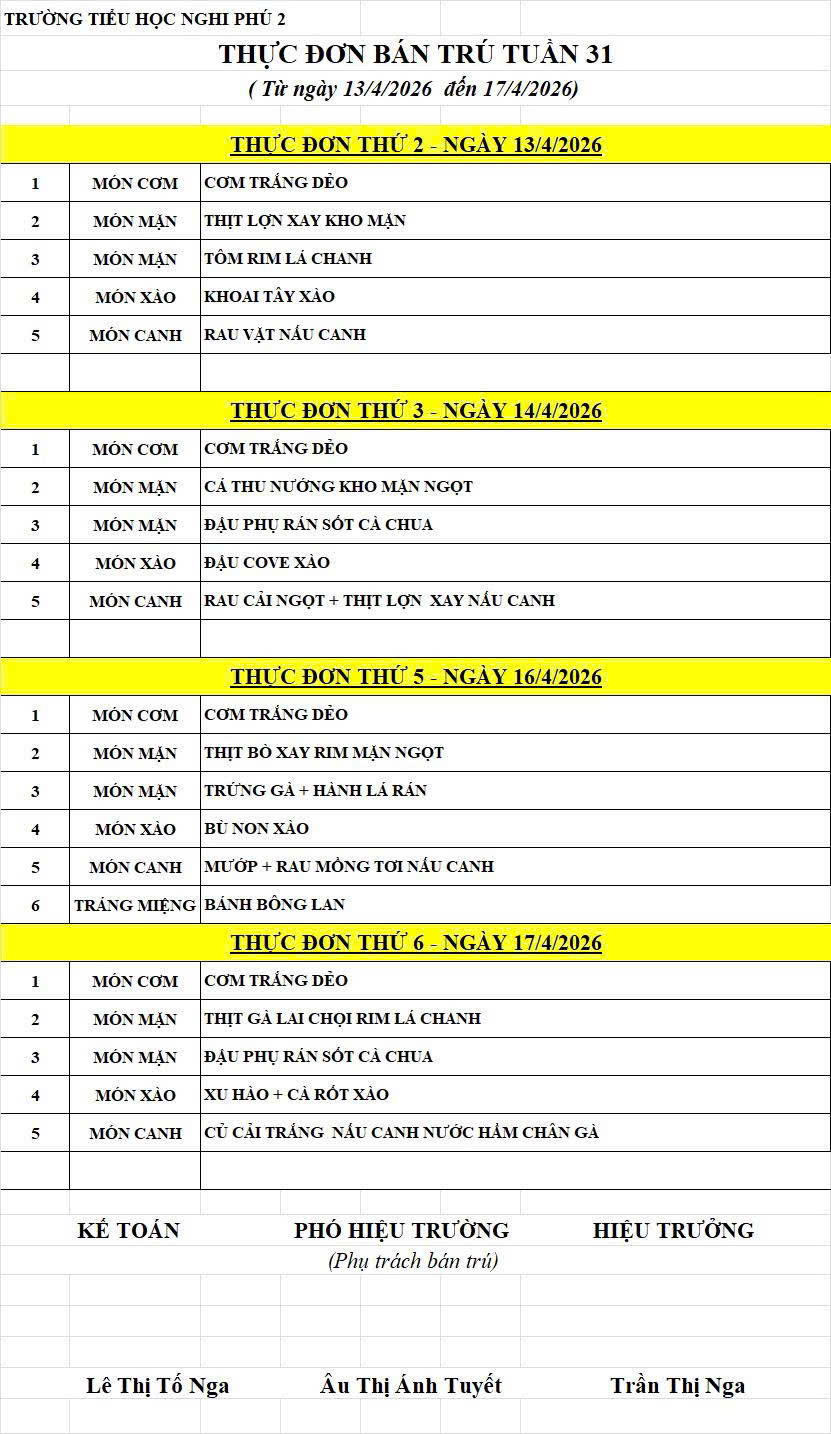 LỊCH TUẦN 31 - THỰC ĐƠN TUẦN 31 THÁNG 04/2026.