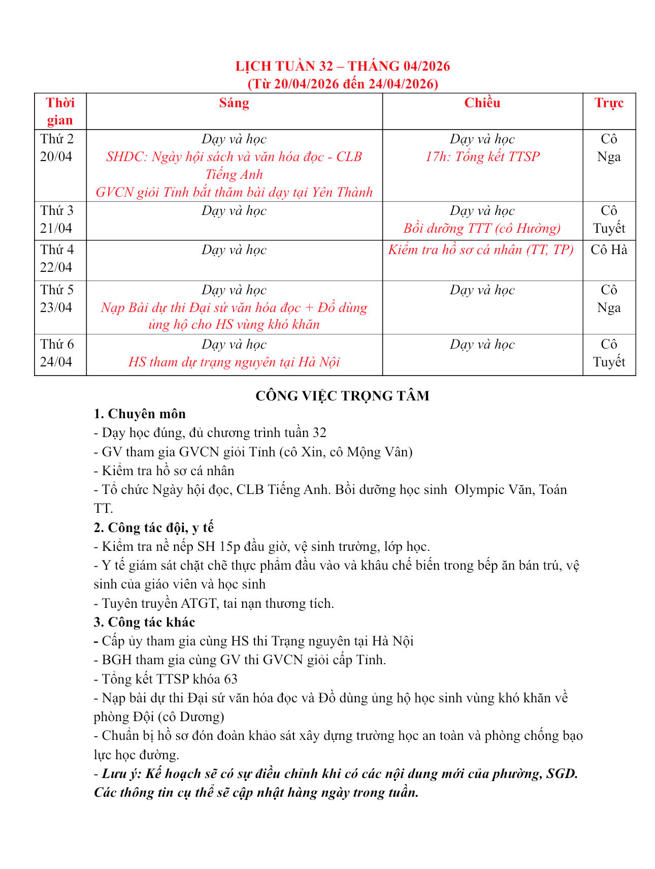 LỊCH TUẦN 32 - THỰC ĐƠN BÁN TRÚ TUẦN 32 THÁNG 04/2026.