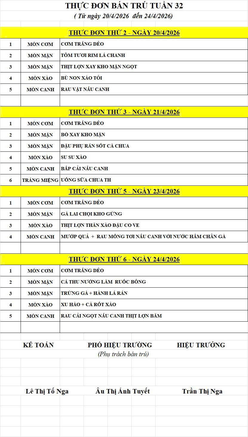 LỊCH TUẦN 32 - THỰC ĐƠN BÁN TRÚ TUẦN 32 THÁNG 04/2026.